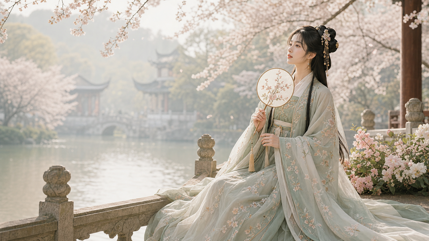 Woman wearing an embroidered sage Hanfu by a blossom-lined lake