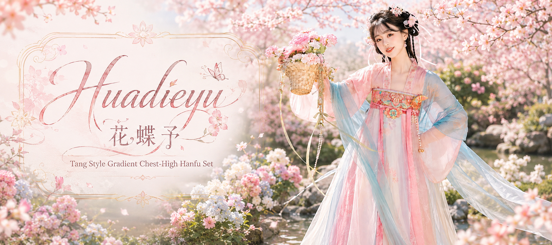 Huadieyu Tang-style gradient chest-high Hanfu set in a cherry blossom garden