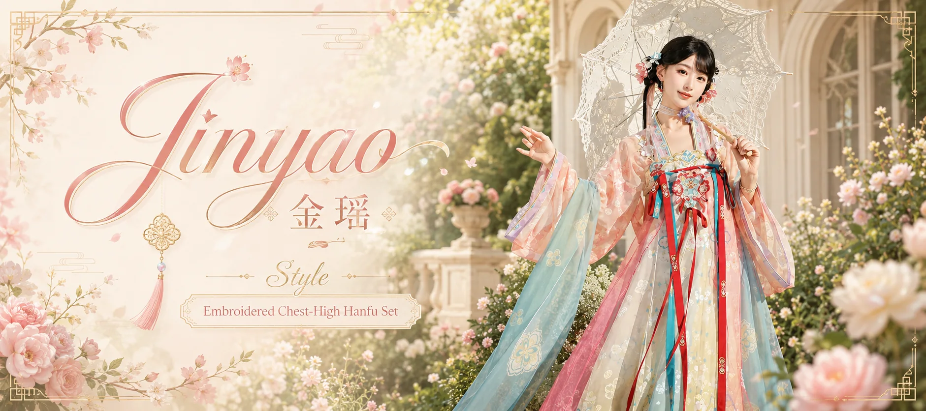 Jinyao embroidered chest-high Hanfu set in a sunlit flower garden