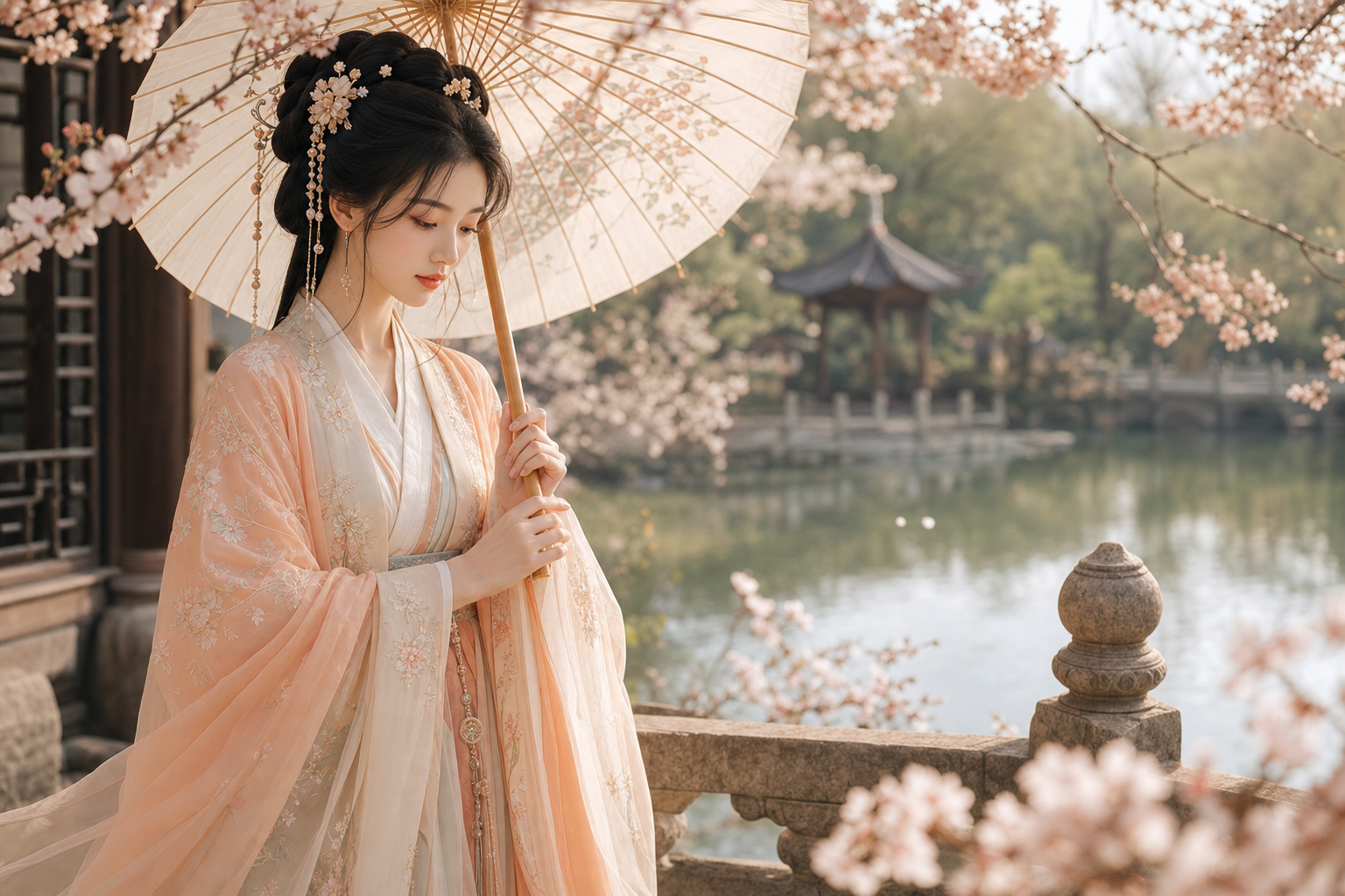Woman wearing Hanfu and holding a traditional umbrella